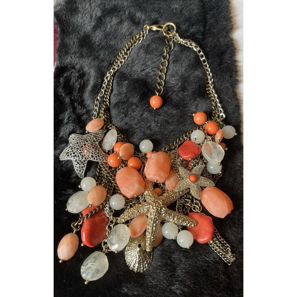 Nautical Charm Necklace Statement  Starfish Gold & Silver Tone Chains Vintage